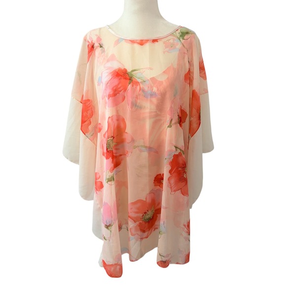 Belle Dame Floral Poncho 2 Piece Set Size Large Coral Peach Sheer Layered Blouse - Picture 2 of 8
